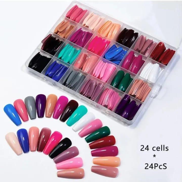 576 Pcs Professional Manicure Stick On Artificial Nails - Multicolor with Smooth Coverage