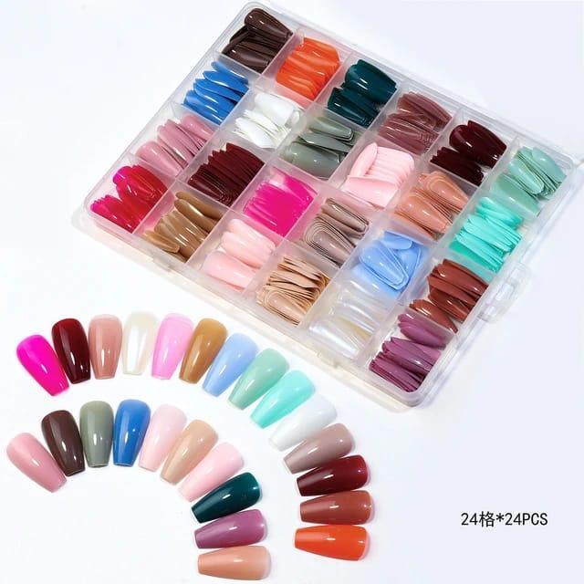 576 Pcs Professional Manicure Stick On Artificial Nails - Multicolor with Smooth Coverage